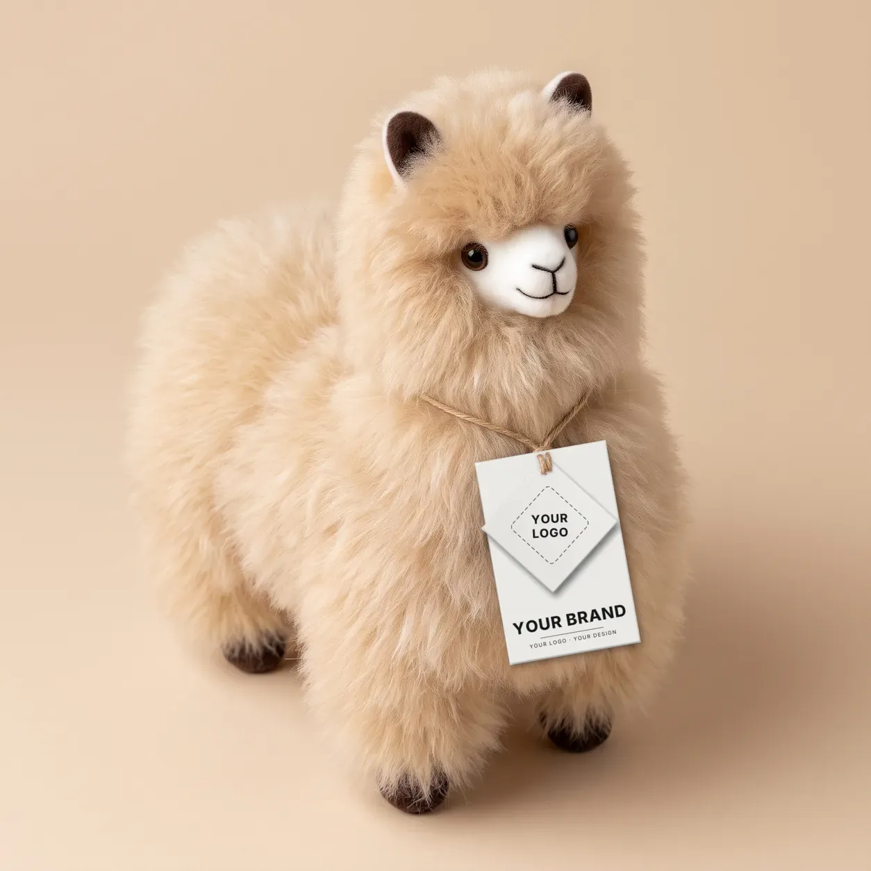 Una Baby Alpaca con una etiqueta colgante que dice Your Brand