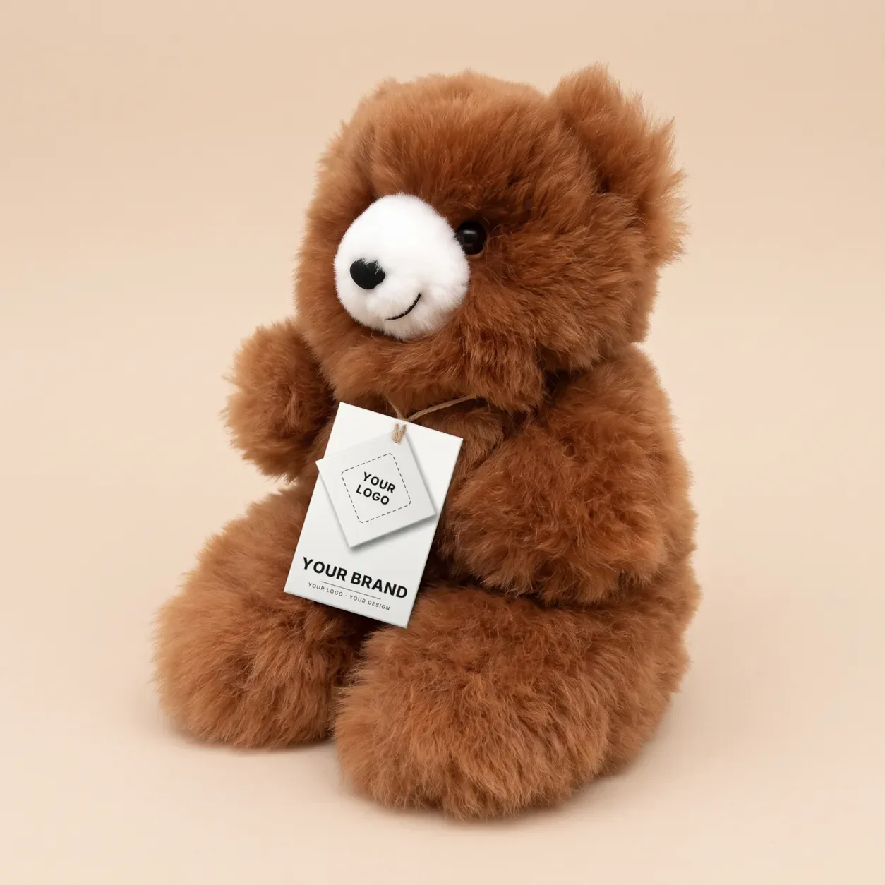 An alpaca bear with a hang tag that reads Your Brand