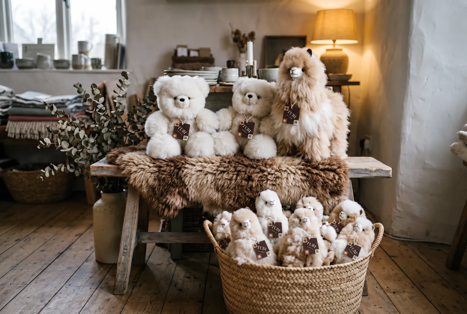 Peluches de piel de alpaca con etiquetas de Tubi sobre un banco de madera y en una canasta