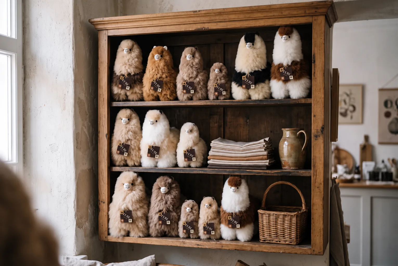 Peluches de piel de alpaca con etiquetas de Tubi en estantes abiertos de madera