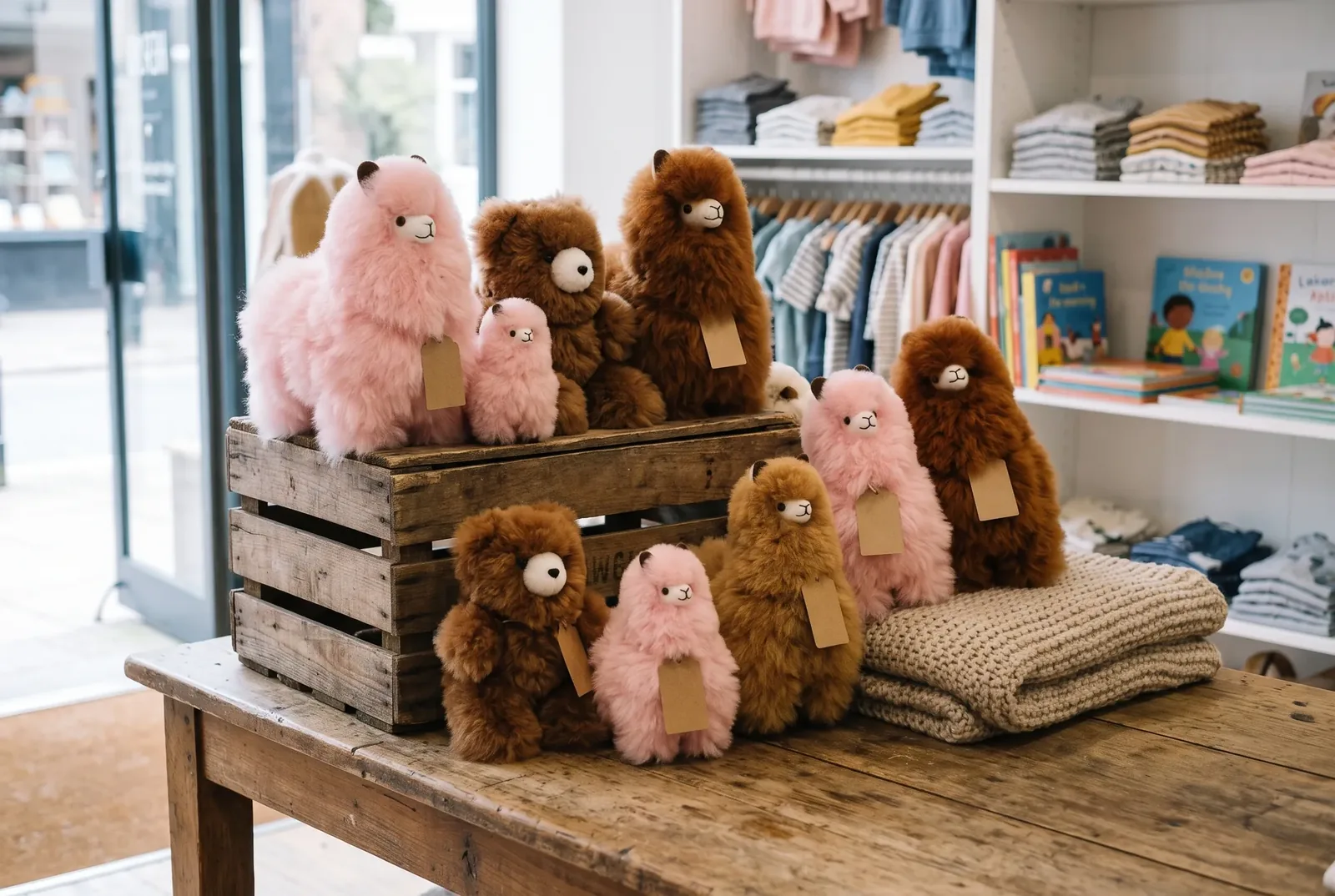 Peluches de alpaca dispuestos sobre una mesa redonda de madera