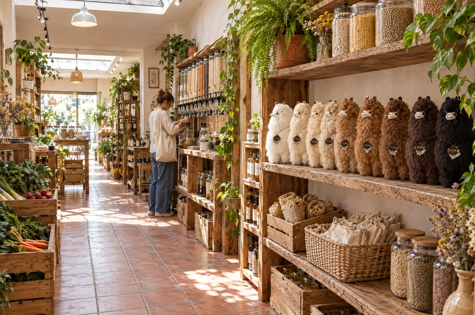Peluches de piel de alpaca en estantes de madera de una tienda orgánica sin residuos