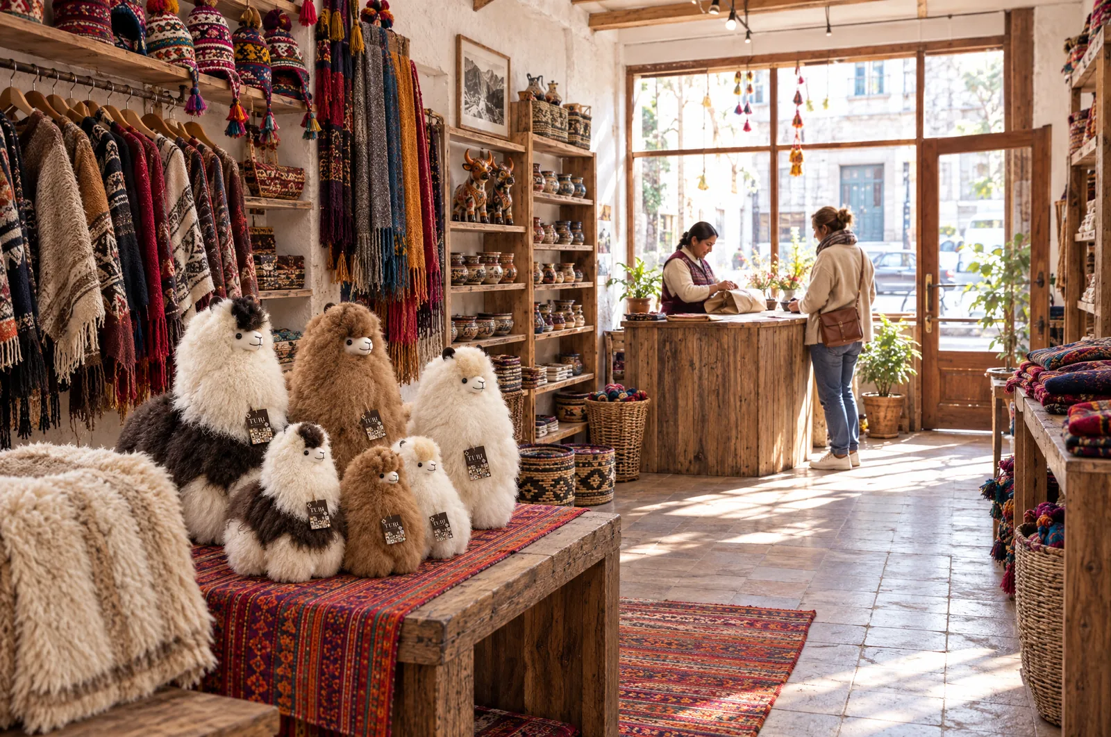 Peluches de piel de alpaca sobre una mesa con textiles andinos en una tienda de comercio justo