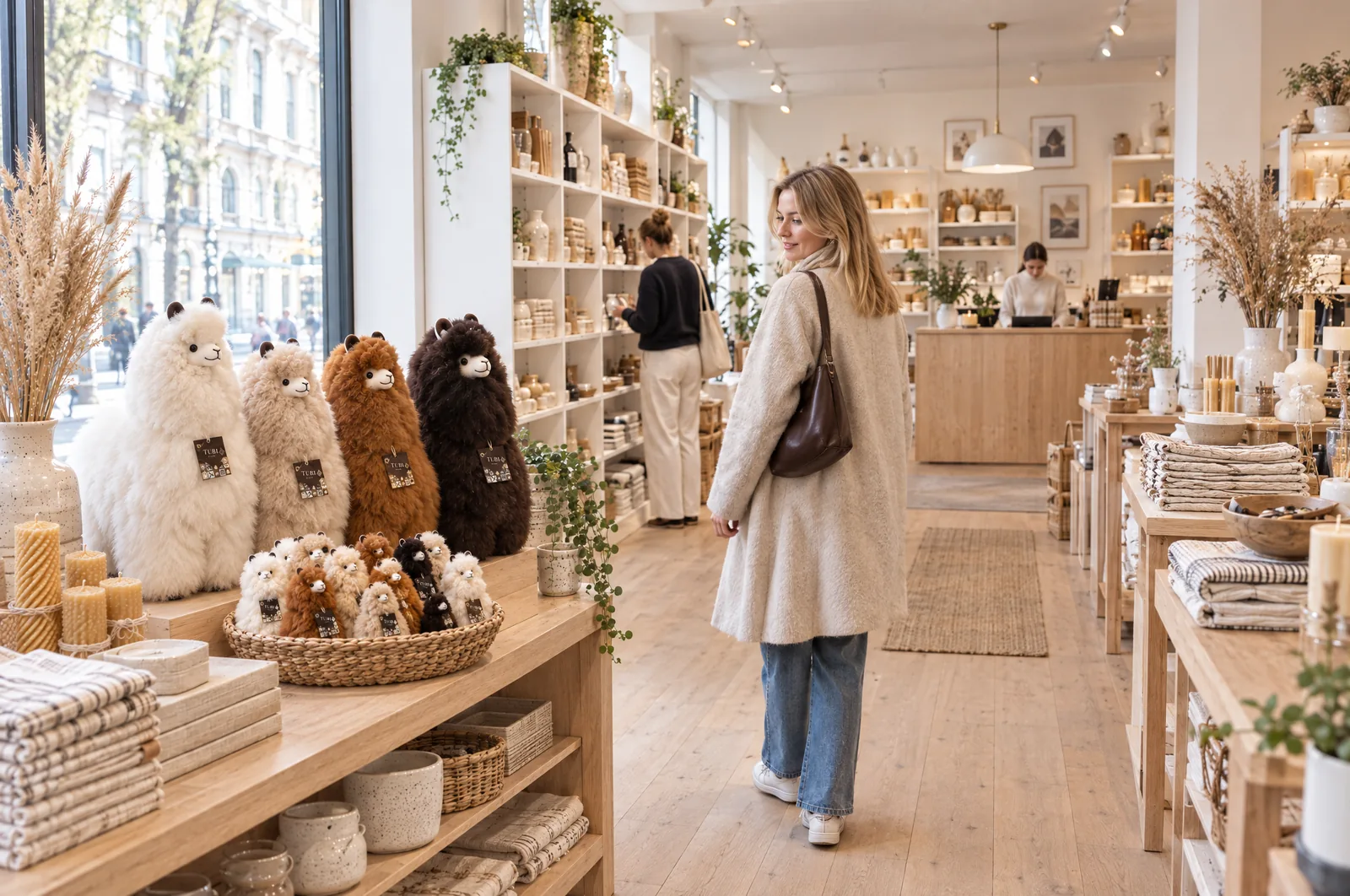 Peluches de piel de alpaca en los estantes de una luminosa tienda independiente de regalos y de concepto