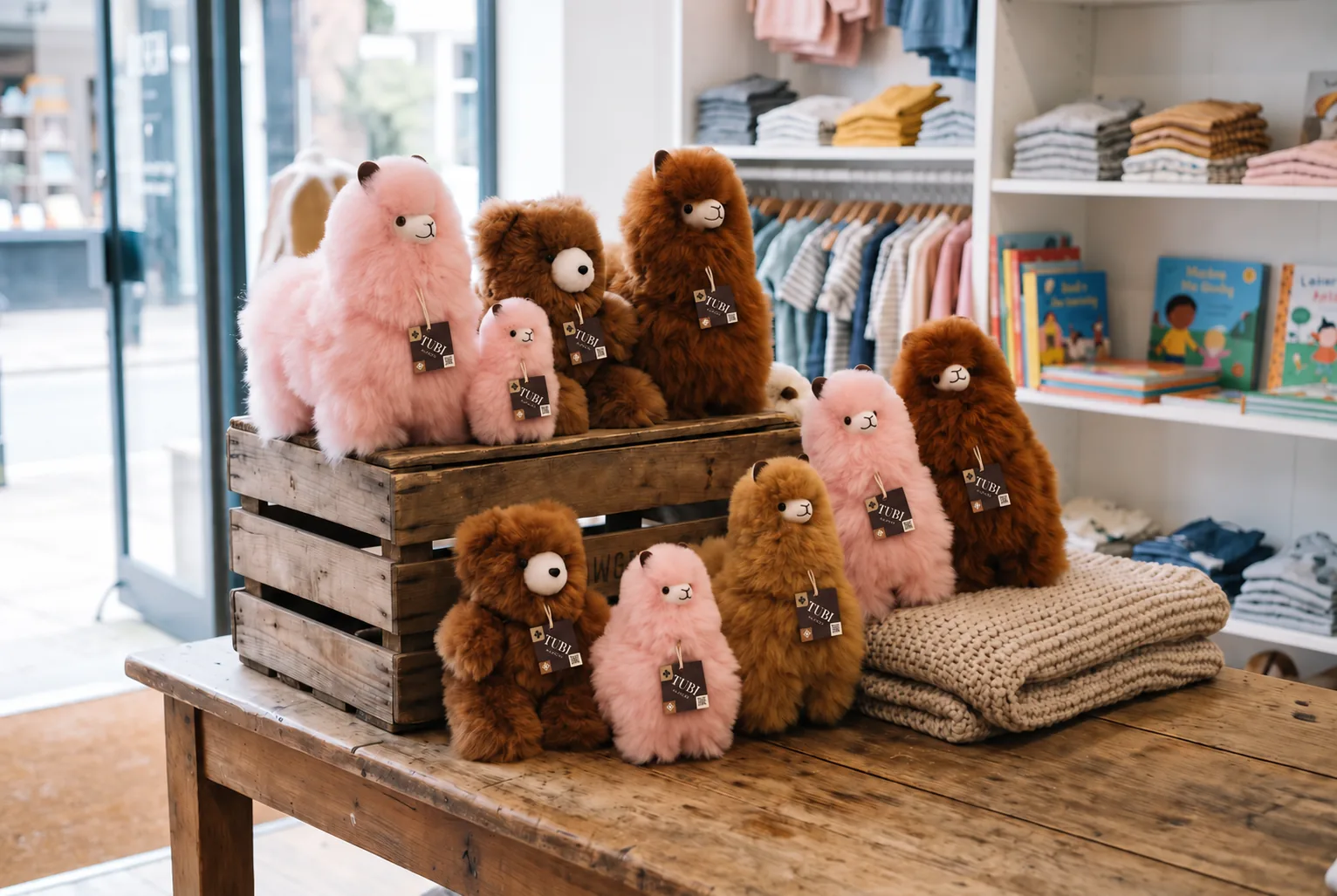 Alpacas y osos de peluche de piel de alpaca de color rosa y marrón, con etiquetas de Tubi, sobre y alrededor de una caja de madera en una mesa de madera de una tienda para niños