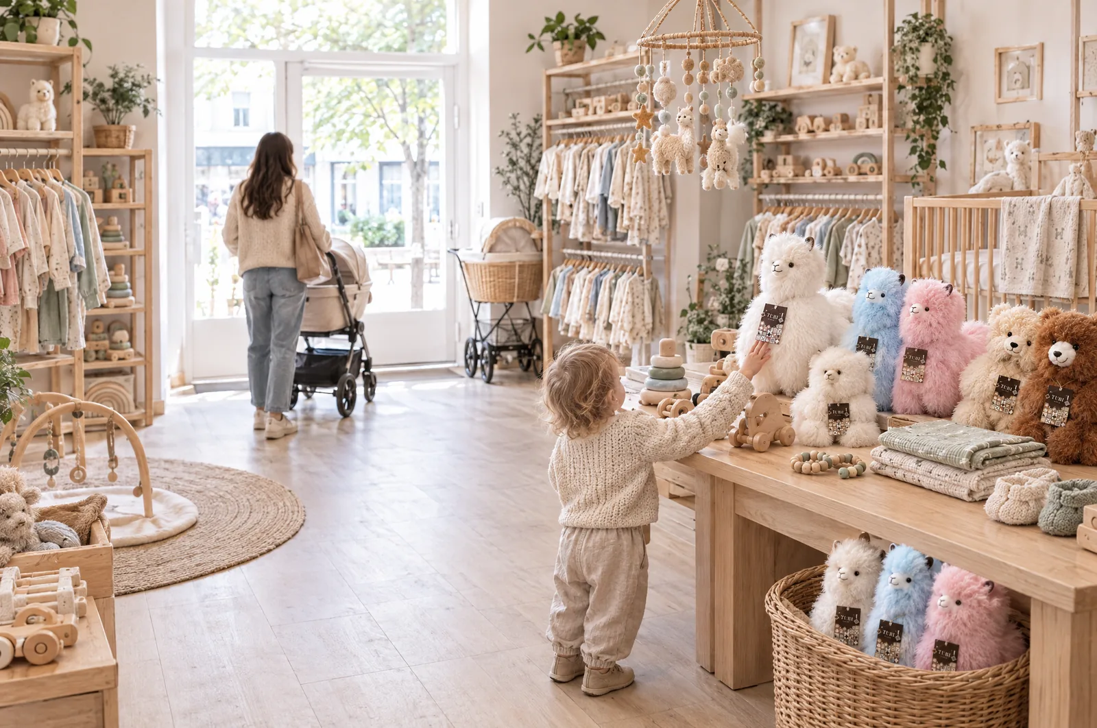 Un niño alcanza peluches de piel de alpaca en una tienda tranquila y luminosa de bebés y juguetes