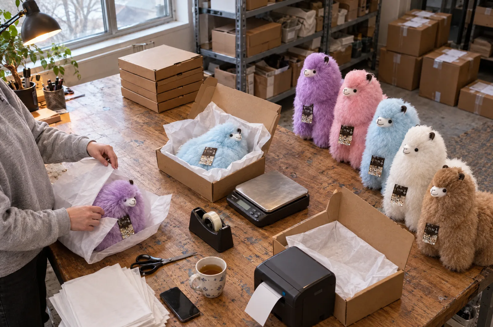 El dueño de una tienda online empacando peluches de piel de alpaca en cajas para el envío