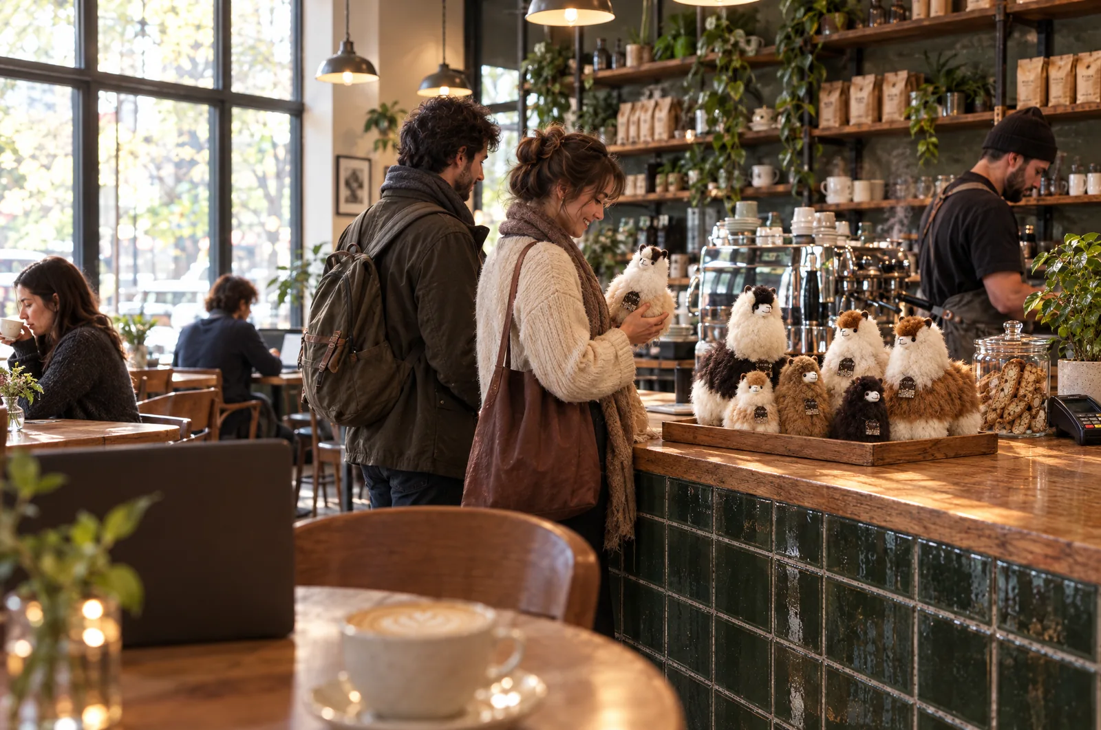 Peluches de piel de alpaca en el mostrador de un café acogedor y una tienda especializada